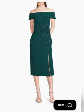 Aidan Mattox Off-Shoulder Emerald Green Floral-Appliqué Midi Dress
